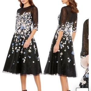 Mac Duggal Floral Appliqué Midi Cocktail Dress